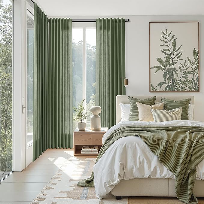 Nanspring Forest Green Linen Curtains for Living Room 90 Inches Long Light Filtering Semi Sheer Curtain Back Tab and Rod Pocket Wabi Sabi Boho Decor Luxury Drapes for Bedroom Office 52x90, 2 Panels