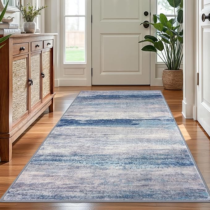 KOZYFLY 4x6 Area Rug Modern Abstract Washable Large Rugs for Entryway Non-Slip Soft Living Room Rug, Print Blue/Grey/Beige Throw Rugs Indoor Mat for High-Traffic Door Entrance, Nursery, Bedroom