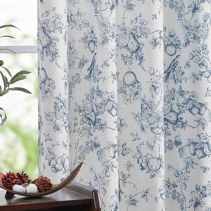 jinchan Linen Floral Curtains for Living Room 96 Inch Length Blue Printed Flower French Country Curtain Farmhouse Cottage Core Toile Curtains Back Tab Light Filtering Window Drapes Set 2 Panels