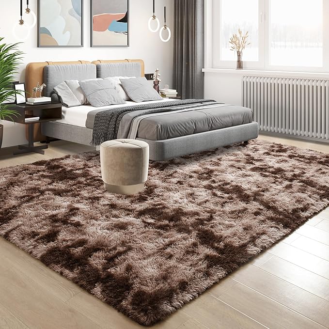 Tepook Fluffy Large Rugs for Living Room, Area Rug 6x9 Soft Carpet for Bedroom, Modern Shaggy Rug for Kids Boys Girls, Plush Indoor Nursery Home Decor Rug with Non-Slip Bottom, Tie-Dyed Coffee
