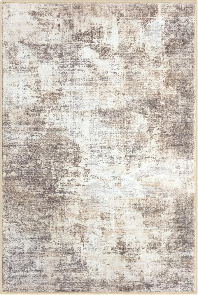 IOHOUZE Abstract Area Rugs 9x12 Ft Washable Large Rugs for Living Room, Non Slip Dining Room Rug, Printed Faux Wool Rugs for Bedroom, Floor Carpet for Office Nursery Playroom, Beige Brown
