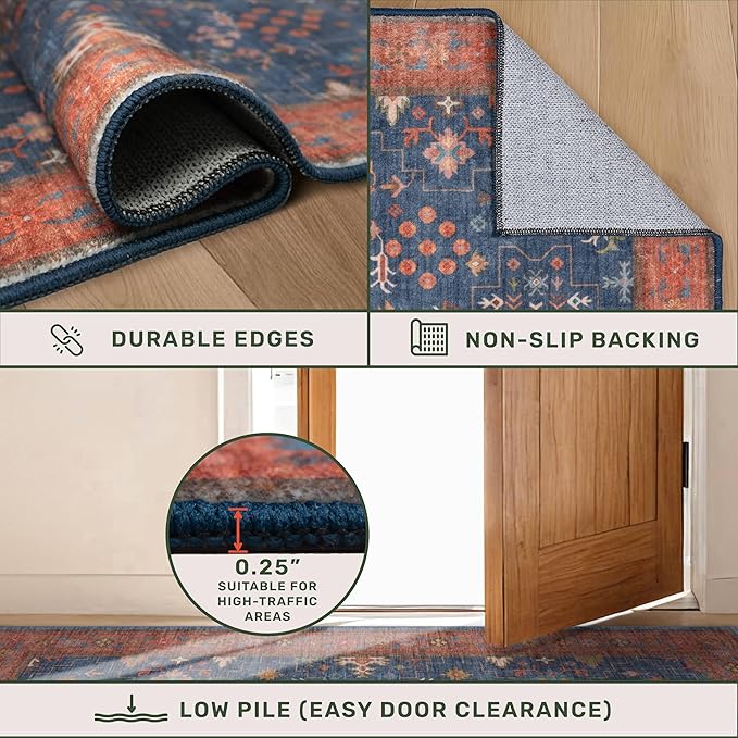 Navy Blue 2x8 Long Runner for Kitchen, 8ft Runner Rugs for Entryway, Hallway, Washable Non Skid Rubber Backing Low Pile Stain Resistance Floral Carpet