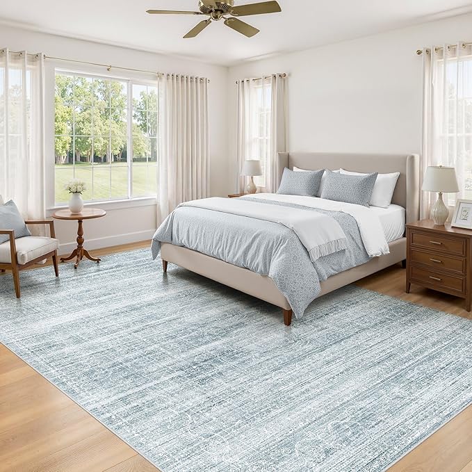 8x10 Area Rugs Living Room: Washable Large Neutral Soft Rug Farmhouse Stain Resistant Indoor Non-Slip Floor Carpet for Bedroom Nursery Kids Playroom Office Dining Room Dorm- Blue