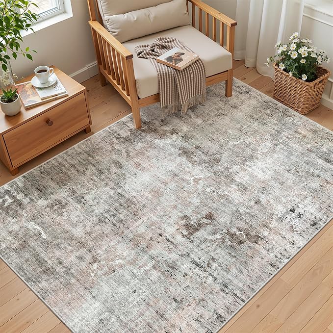 Area Rugs 4x6 for Living Room, Vintage Washable Rugs for Dining Room, Kitchen, Non-Slip Area Rug Pink Grey