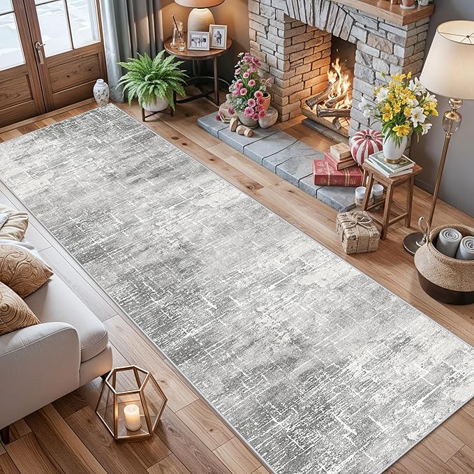 Washable Long Hallway Runner Rug: Non-Slip 2'6x12 Kitchen Rugs Abstract Entryway Bathroom Runner Soft Living Room Bedroom Beside Floor Mat Indoor Farmhouse Carpet for Home Office(2'6x12,Light/Grey)