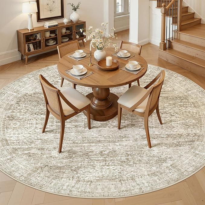 9x9 Brown Round Rug 9ft Living Room Circle Rug Vintage Round Area Rug Non Slip Indoor Carpet for Apartment