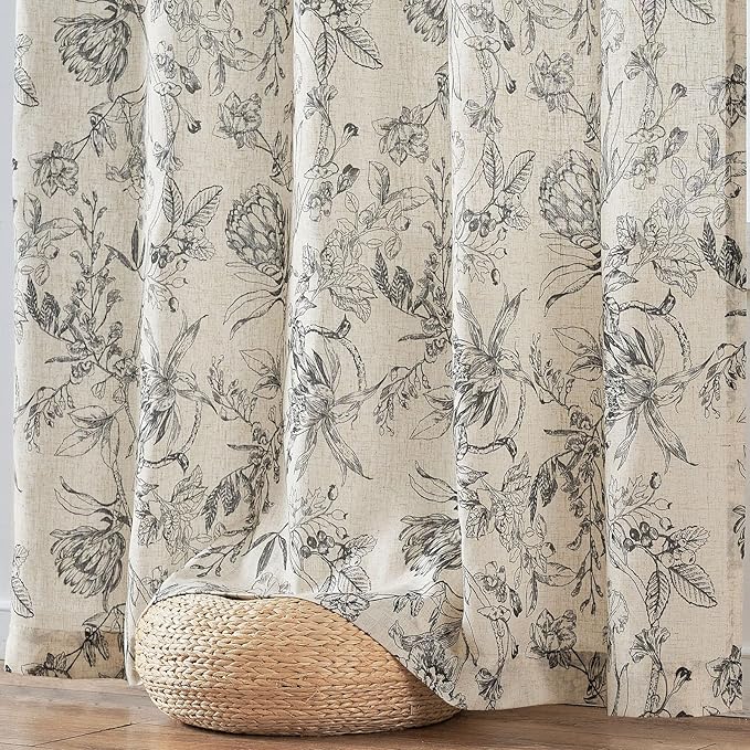 jinchan Floral Curtains 108 Inch Length Black Flower Linen Farmhouse Curtain for Living Room French Country Vintage Curtain Rod Pocket Curtains Set 2 Panels Balck Floral Printed