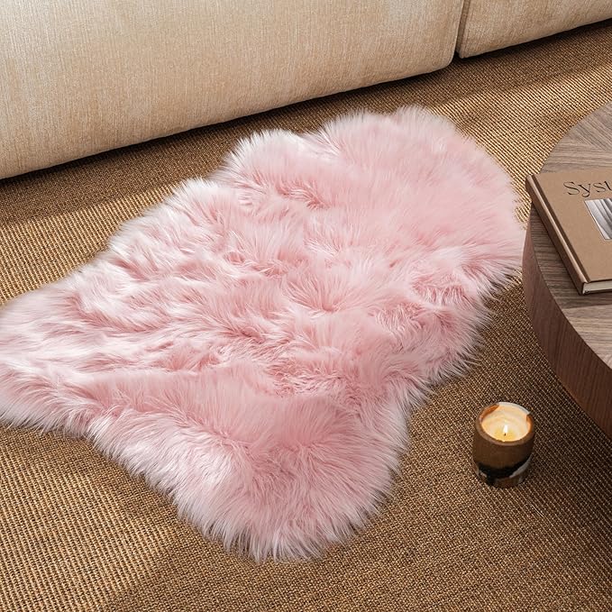 Ashler Faux Fur Area Rug - Fluffy Shaggy Sheepskin 2 x 3 Feet, Pink Fuzzy Machine Washable Shag - Nursery Decor Throw for Bedroom, Kids Room, Living Room