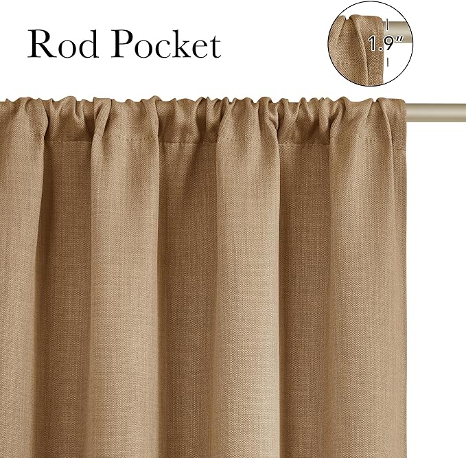 NICETOWN Caramel Faux Linen Room Darkening Rod Pocket Curtains 63 inch Length, W42 x L63, Light Blocking Thermal Insulated Noise Reducing Drapes for Bedroom Living Room Farmhouse Decor, 2 Panels