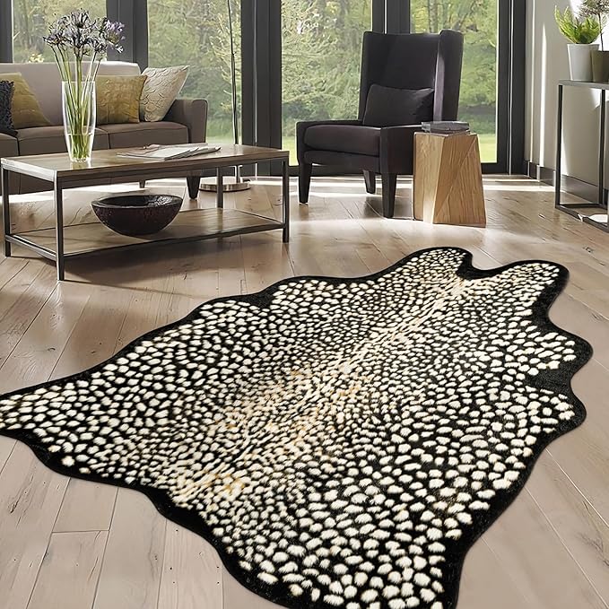 Leopard Print Rug for Living Room, Cheetah Rug 6.2x8.2 Faux Animal Print Skin Cheetah Area Rug for Bedroom Nursery Animal Fur Hide Irregular Shaped Rustic Antelope Black