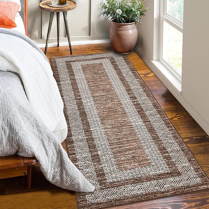 GarveeHome Washable Runner Rug 2x6 Modern Hallway Rug Non Slip Entryway Runner, Geometric Bordered Printed Carpets, Low Pile Thin Foldable Floor Mats, Soft Non Shedding for Kitchen Laundry, Brown