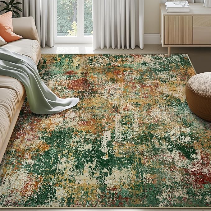Washable Area Rugs 7'x9' Non-Slip Modern Abstract Soft for Living Room Entryway Bedroom Nursery, Print Pattern, Green Orange Rust Red Cream Colorful