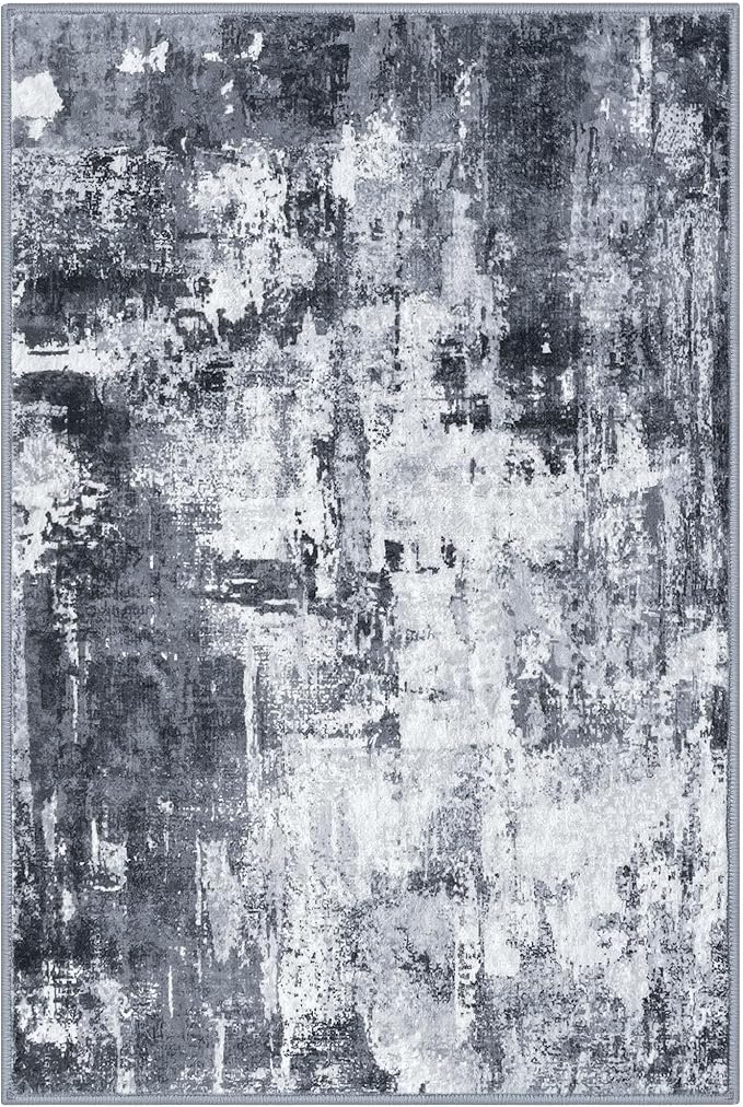 KOZYFLY Modern Abstract Area Rug 8x10 Gray Washable Large Living Room Thin Rugs Bedroom Non Skid Carpet with Faux Wool Soft Low Pile for Dining Room Living Room Office Dorm Kitchen Table Apartment