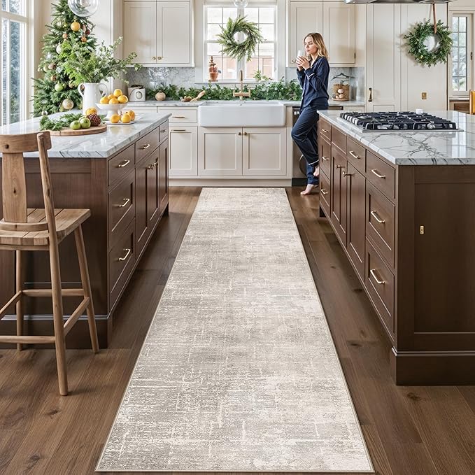 HY HAOYUNLAI 2'6x12 Runner Rugs for Hallways - Soft Kitchen Rug Non-Slip Rug Runner with Rubber Backing Washable Non Shedding Soft Beside Carpet for Bedroom Abstract Home Decor(2'6x12,Beige/Cream