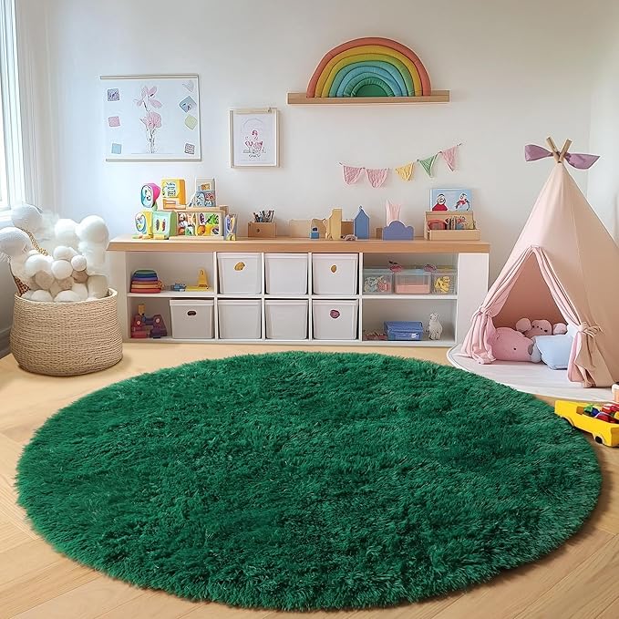 ONASAR Dark Green Round Area Rug 4ft, Soft Bedroom Circle Rugs for Kids Girls Teen Room, Cute Furry Plush Shaggy Carpet for Baby Nursery Living Room Playroom Dorm Christmas Home Decor