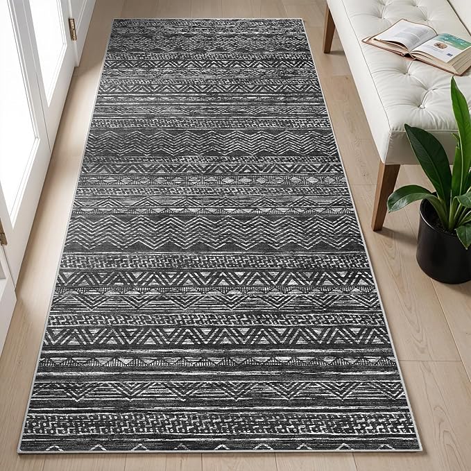 Ksrau 2x5 Hallway Runner Rug - Moroccan Non Slip Long Rug for Entryway Soft Low-Pile Washable Neutral Rugs for Kitchen Small Waterproof Indoor Floor Carpet for Bedroom Bathroom Laundry 2x5 Black