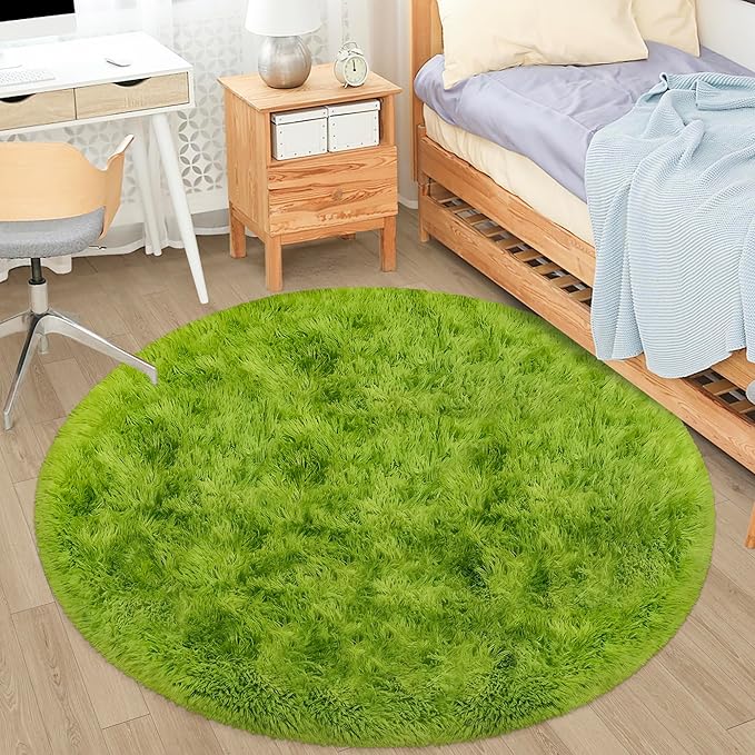4x4 ft Tie Dye Green Round Rug for Bedroom Room Fluffy Circle Rug Furry Carpet Shaggy Circular Fuzzy Washable Non-Slip Large Area Rug Soft Indoor for Living Room Cute Aesthetic Home Decor
