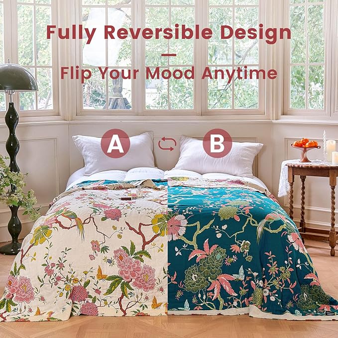 MSGKV The Boho Layer: 60"x80" Cotton Throw Blanket – Full Size for Couch Snuggles, Twin Bed Topper | Lightweight & Breathable Reversible Chinoiserie Floral & Bird Pattern, Decorative Accent