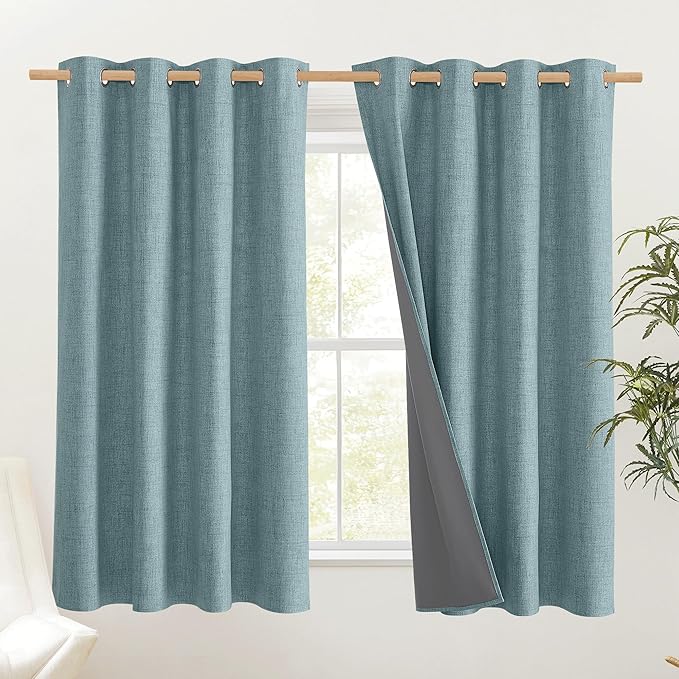 NICETOWN 100% Absolutely Blackout Linen Curtains with Thermal Insulated Liner, Skylark Blue, 52" Wide, 45" Length Energy Saving Curtains for Living Room 2 Panels Set, Vertical Blinds