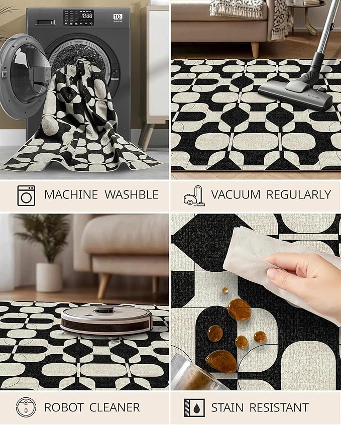 Latte&Fog 3x5 Entryway Rug, Vintage Washable Area Rug, Boho Non Slip Low Pile Throw Carpet for Indoor Bedroom Bedside, Kitchen, Entry and Living Room - Black Beige