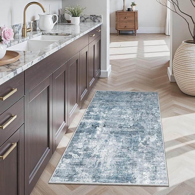 Soalmost 2x4 Washable Rugs for Kitchen, Floor, Entryway, Powder Room Small Area Rug Non-Slip Vintage Low Pile Throw Door Mat Blue/Grey