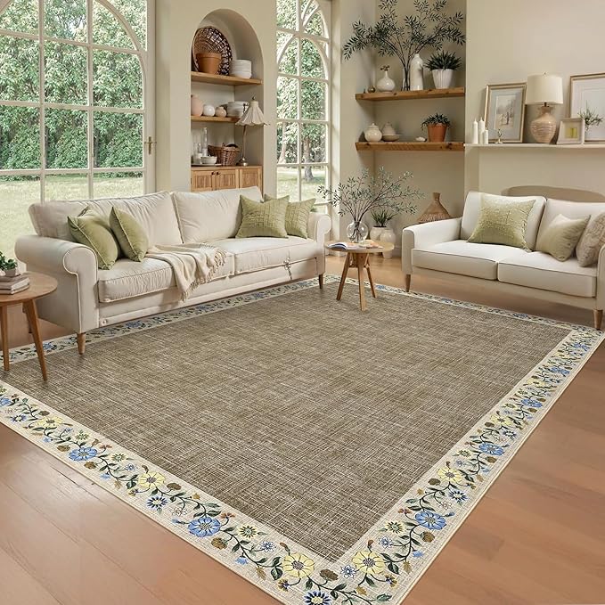 GarveeHome 10x13 Machine Washable Rugs for Living Room Large Area Rug Modern Floral Indoor Accent Carpet Low Pile Carpet Soft Throw Aesthetic Floor Cover for Bedroom Laundry Dining Room, Dark Camel