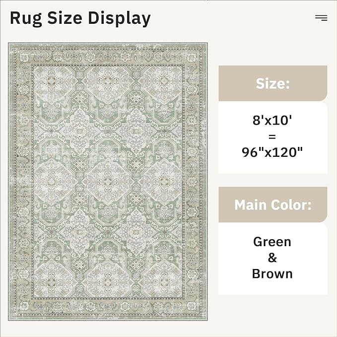 8x10 Area Rugs, Washable Rugs, Large Stain Resistant Area Rug for Living Room Bedroom Dining Room, Vintage Farmhouse Rug Green