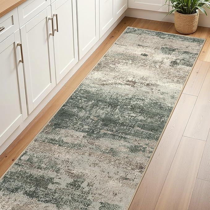 BEIMO Runner Rug for Hallway Kitchen, 2'6"x8' Machine Washable Runners Rug for Entryway, Soft Modern Abstract Throw Rugs, Low Pile Floor Cover with Non Slip Backing, Grey/Dark Green