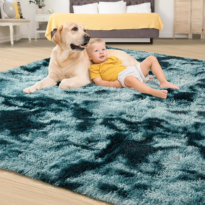 Tepook Soft Fluffy Rugs for Bedroom, 4x6 Area Rug for Living Room, Modern Shaggy Room Rug for Kids Boys Girls, Plush Throw Rugs Indoor Nursery Home Decor Rug with Non-Slip Bottom, Peacock Blue