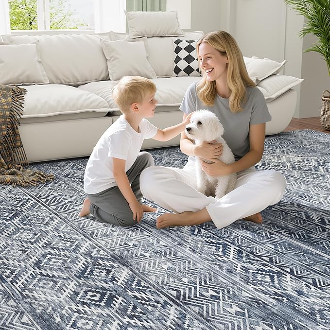 8x10 Area Rugs Washable Rug: Anti-Skid Abstract Modern Living Room Rug Soft Thin Carpets Indoor Floor Non-Shedding Carpet for Bedroom Dining Farmhouse Nursery Home Office (Blue Grey White, 8'x10')