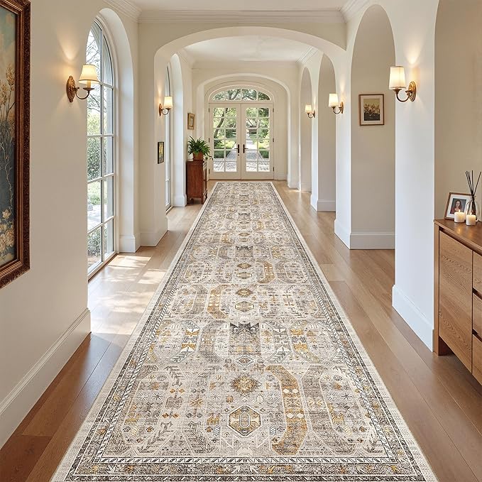 Madane Hallway Runner Rug 3x18 - Kitchen Rugs 18ft Washable Entryway Rug Vintage Kitchen Runners Non Slip Indoor Area Rug Farmhouse Carpet Runner for Bathroom Living Room Bedroom, Brown/Gold
