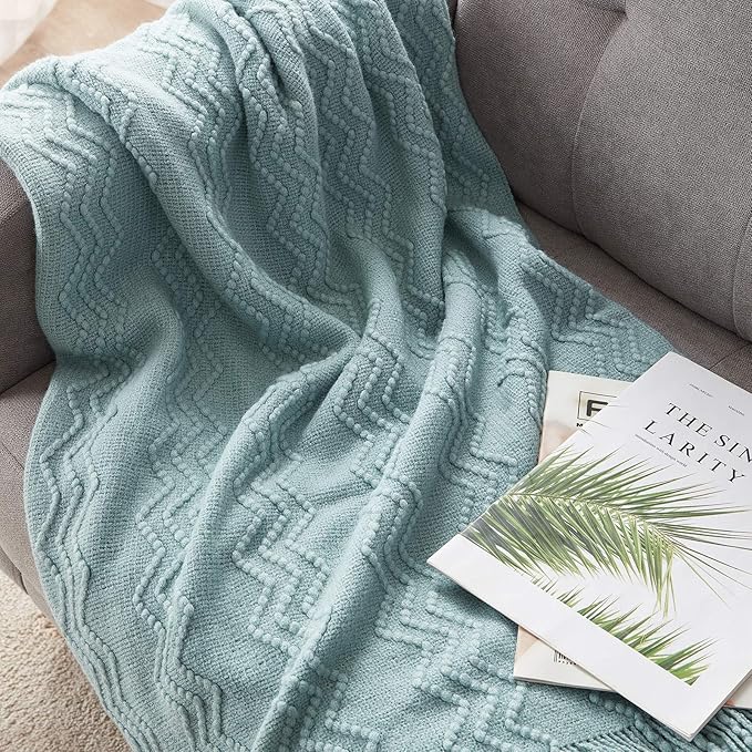 BOURINA Aqua Throw Blanket 50 x90 Inches Throw Textured Solid Soft Sofa Throw Bed Runner Couch Cover Knitted Decorative Blanket Bed Runner