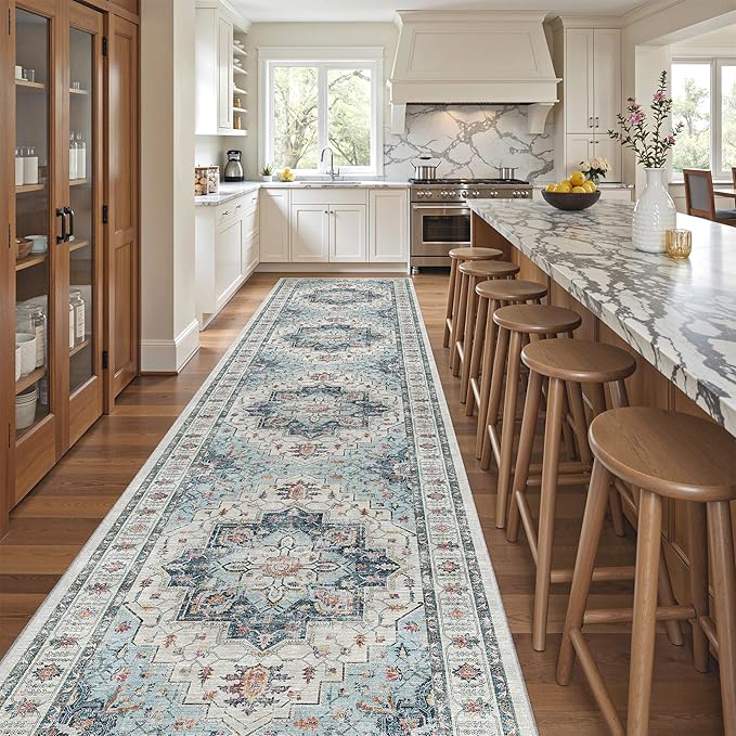 Madane Hallway Runner Rug 3x16 - Vintage Non Slip Washable 16ft Kitchen Runner for Entrance Soft Long Carpet Runners for Living Room Bathroom Low Pile Floor Mat for Bedroom Dining Room, Blue