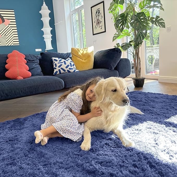 OLANLY Area Rugs for Living Room Bedroom, Machine Washable 4x5.9 ft Soft Fluffy Shaggy Bedside Rug, Indoor Floor Carpet for Kids Girls and Boys, Dorms, Nursery Rooms, Home Decor Aesthetic, Denim Blue