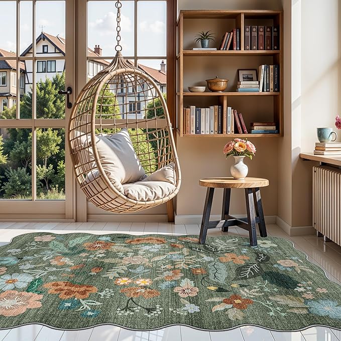 4x6 Living Room Area Rugs: Washable Farmhouse Nursery Kitchen Floral Rugs Non-Slip Small Cute Bedroom Carpet Non-Shedding Floor Mat for Kids Room University dormitory Decorative Rugs(4x6,Floral/Green)