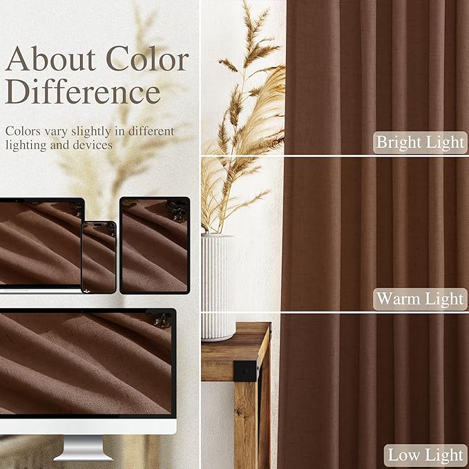 Mocha Brown Linen Curtains 63 Inches Long 2 Panel Sets for Living Room Bedroom Rod Pocket Back Tab Light Filtering Drape for Kitchen Window Short Protect Privacy Curtain Modern Farmhouse Decor 52x63