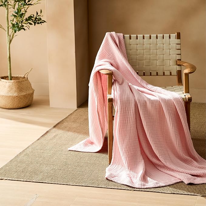 Bedsure 100% Cotton Muslin Throw Blanket Twin XL for Bed - 4-Layer Breathable and Lightweight Thin Soft Summer Gauze Muslin Blankets for Adults, Pink, 66x90 Inches