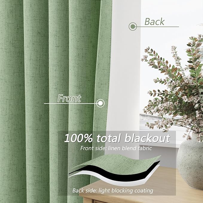 Guken Light Sage 100% Blackout Linen Curtains 90 Inch Length 2 Panels Set for Living Room Bedroom Back Tab/Rod Pocket Thermal Insulated Black Out Drapes Room Darkening Window Curtains,52x90
