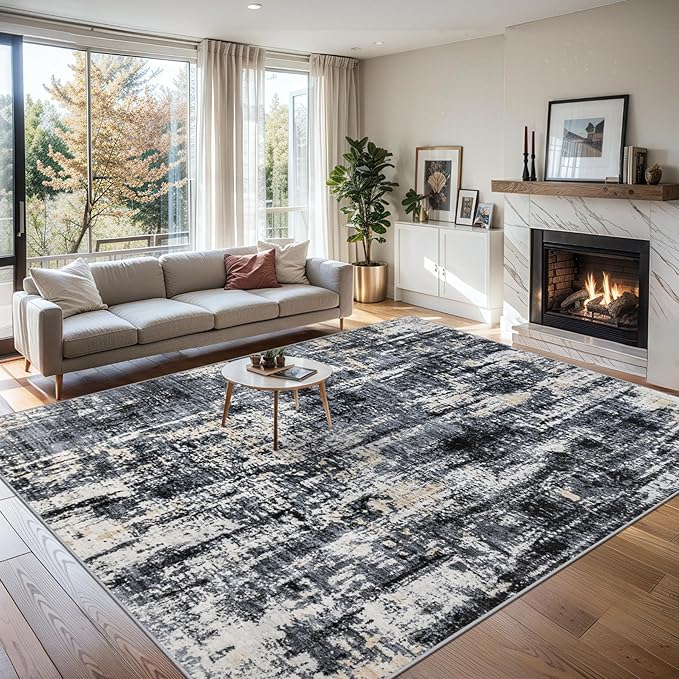 Area Rugs 10x12 Living Room - Washable Rug Modern Abstract Soft Large Neutral Non-Slip Carpet Indoor Floor Thin Carpets for Bedroom Dining Room Farmhouse Nursery Home Office Black Gold