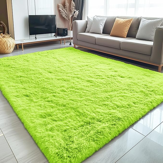 OLANLY 5x7 Machine Washable Large Area Rugs for Living Room, Bedroom, Soft Fluffy Shaggy Bedside Rug, Indoor Floor Carpet for Kids Girls and Boys, Dorms, Nursery, Home Decor Aesthetic, Lime Green