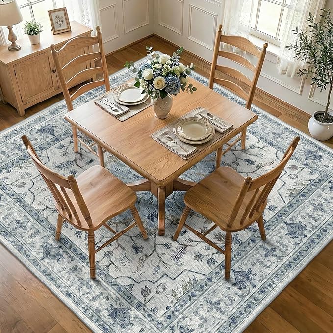 Area Rugs Square 7ft Washable Non-Slip, Floral Vintage Distress Print Pattern Medallion Carpet for Living Room Bedroom Dining Room, Light Blue Navy Beige Gray White