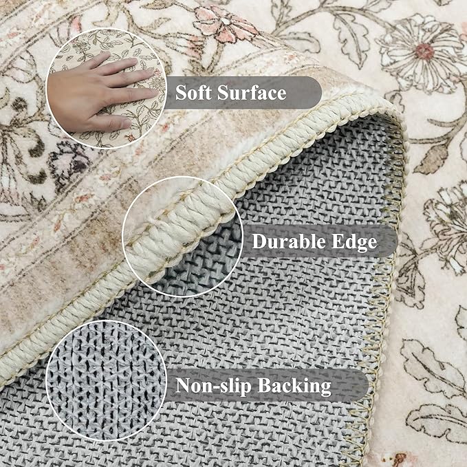 TOPRUUG 2x12 Washable Runner Rug - 12ft Runners for Hallway Non Slip Kitchen Rugs Soft Low Pile Carpet for Bedroom Bathroom Entryway - Stain Resistant Vintage Home Decor (Floral/Beige, 2X12)
