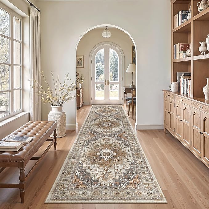 Madane Hallway Runner Rug 2'6''x10' Kitchen Runner, Non Slip Vintage Runners for Hallways Washable Kitchen Rugs Soft Low Pile 2.5x10 ft Rug Runner for Laundry Room, Entryway and Bedroom, Turmeric/Grey