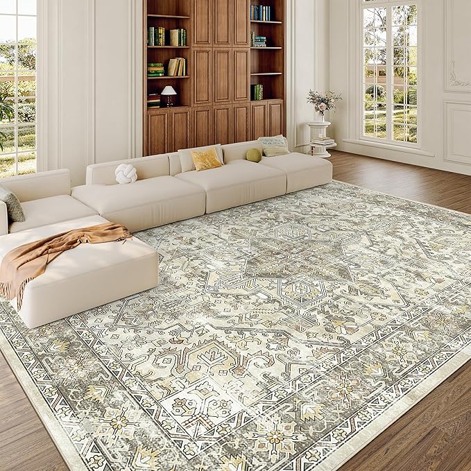 zesthome 8x10 Area Rugs for Living Room,Non-Slip Backing Washable Rugs,Vintage Large Area Rug，Stain Resistant Home Decor Rug (Beige/Brown,8'x10')