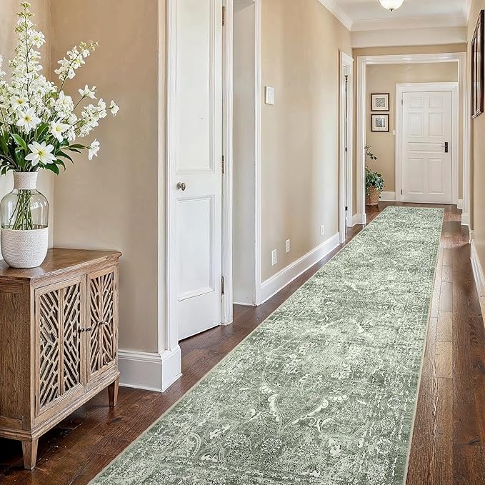 2'6"x16' Washable Hallway Runner Rug - Non Slip Kitchen Runner Rugs with Rubber Backing Vintage Low-Pile Carpet Runners for Entryway Dining Room Laundry Room Home Decor (Muted Sage Green)