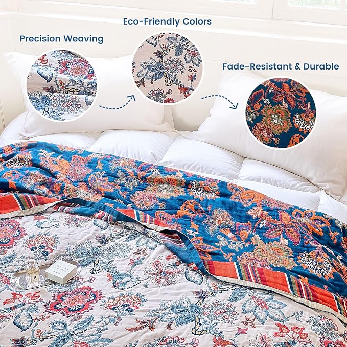 MSGKV Boho Throw Blanket 90"x90" 100% Cotton Floral Blanket for Bed Spring Breathable Lightweight Queen Blankets All Seasons Home Decor Muslin