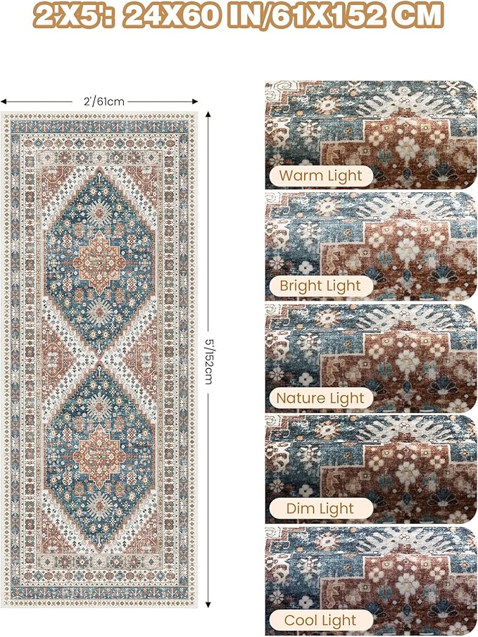2x5 Rug Runner Washable for Entryway, Soft Bathroom Rugs with Non-Slip Backing,Vintage Low Pile Stair Runner, Small Kitchen Carpet for Hallways, Laundry Room(Blue/Red,2'x5')