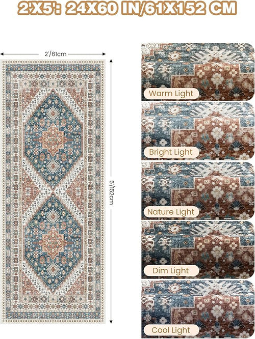 2x5 Rug Runner Washable for Entryway, Soft Bathroom Rugs with Non-Slip Backing,Vintage Low Pile Stair Runner, Small Kitchen Carpet for Hallways, Laundry Room(Blue/Red,2'x5')