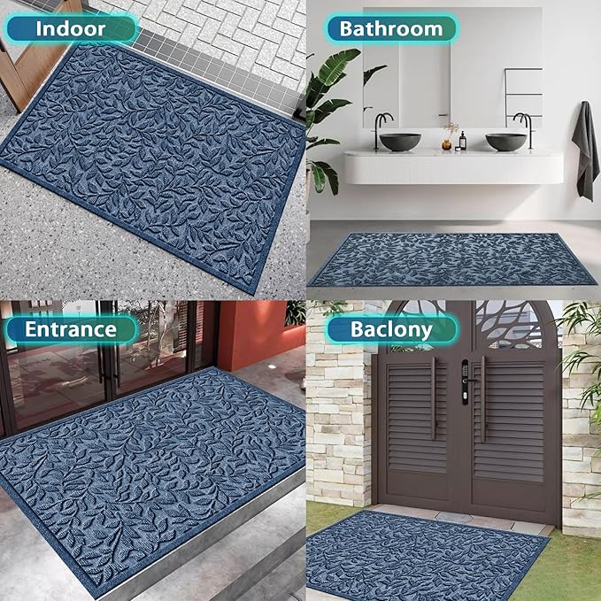 Bulijojo Sturdy Front Entrance Doormats,Durable Heavy Duty Welcome Mat,Thick Absorbent Natural Rubber Non Slip Mat,Easy Clean Entryway Mat Leaves Blue, 47" x 32"