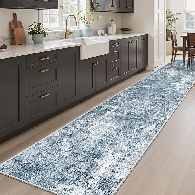 Runner Rug 2'x10' Abstract Washable Non-Slip Runner Rugs for Kitchen Bathroom Laundry Room Blue Vintage Floor Carpet Runners for Hallway Entryway